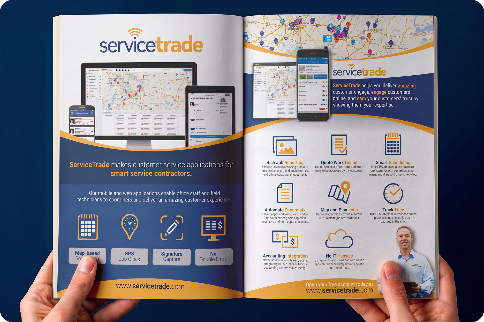 Magazine advertisement design for ServiceTrade showcasing a professional SaaS marketing layout with software interface visuals, feature icons, and structured editorial design.