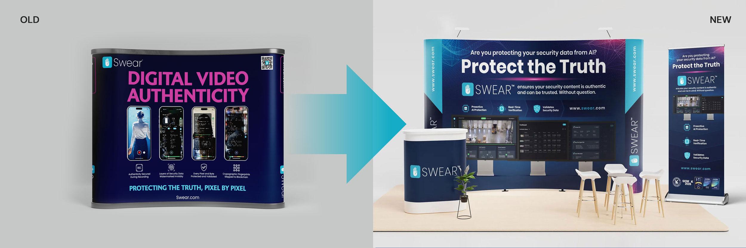 Before and after comparison of exhibition booth design for SWEAR, showcasing a redesigned trade show booth, pop-up display, and roll-up banner for cybersecurity software marketing.