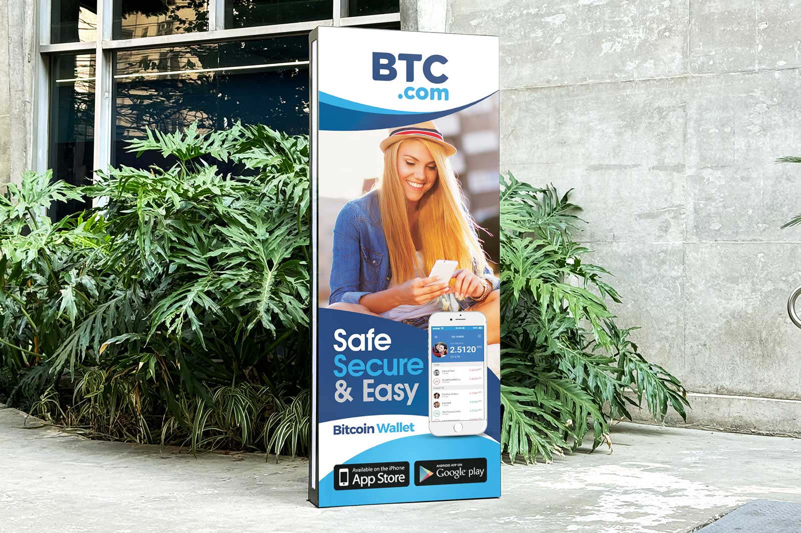 BTC.com roll-up banner redesign featuring Bitcoin wallet promotion
