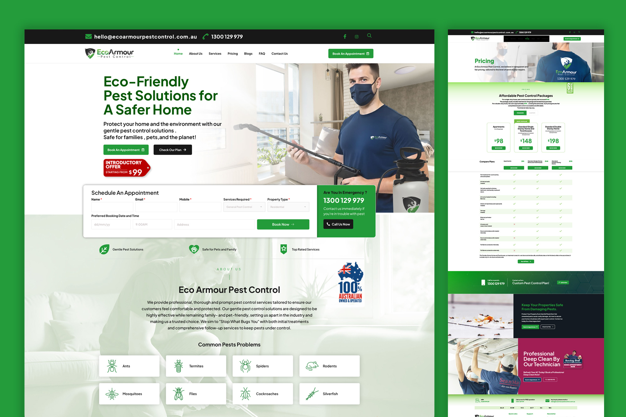 Eco Armour Pest Control website homepage designed by KitCreativity featuring a modern, eco-friendly UI/UX for an Australian pest control company.