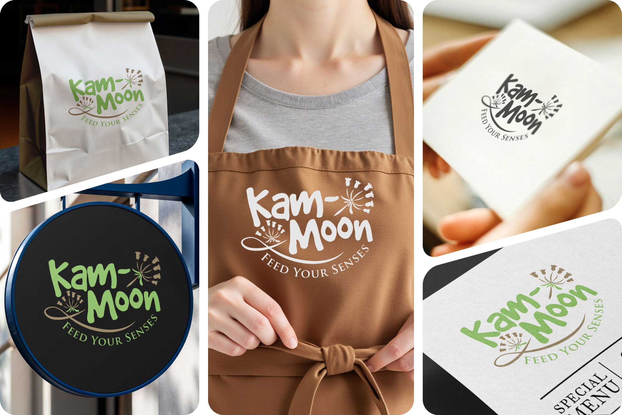 Kam-Moon Mediterranean cafe branding with logo, packaging, apron and storefront signage