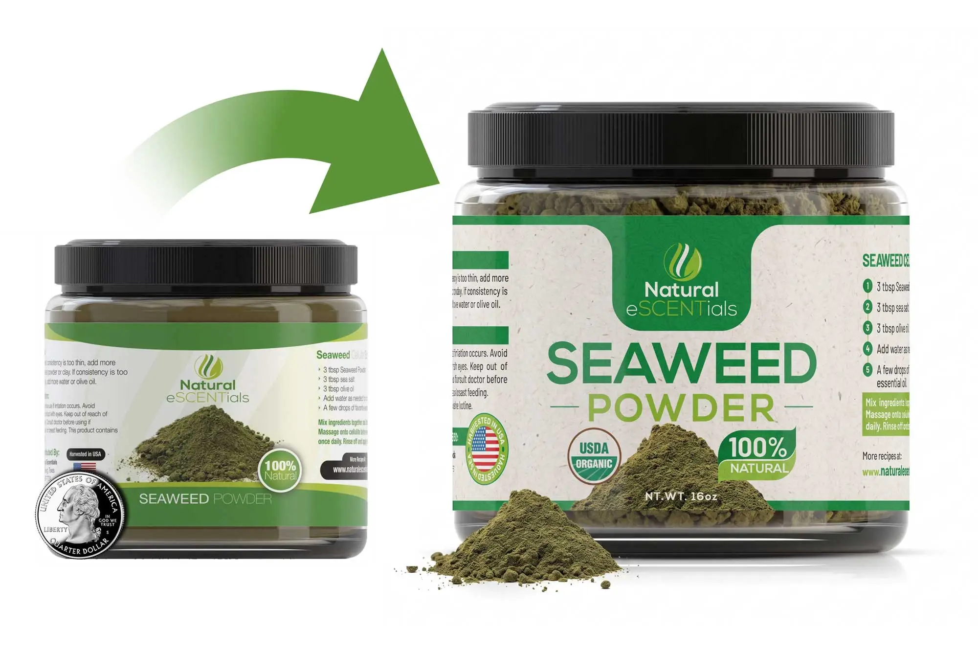 Before and after comparison of Natural eSCENTials Seaweed Powder label packaging redesign