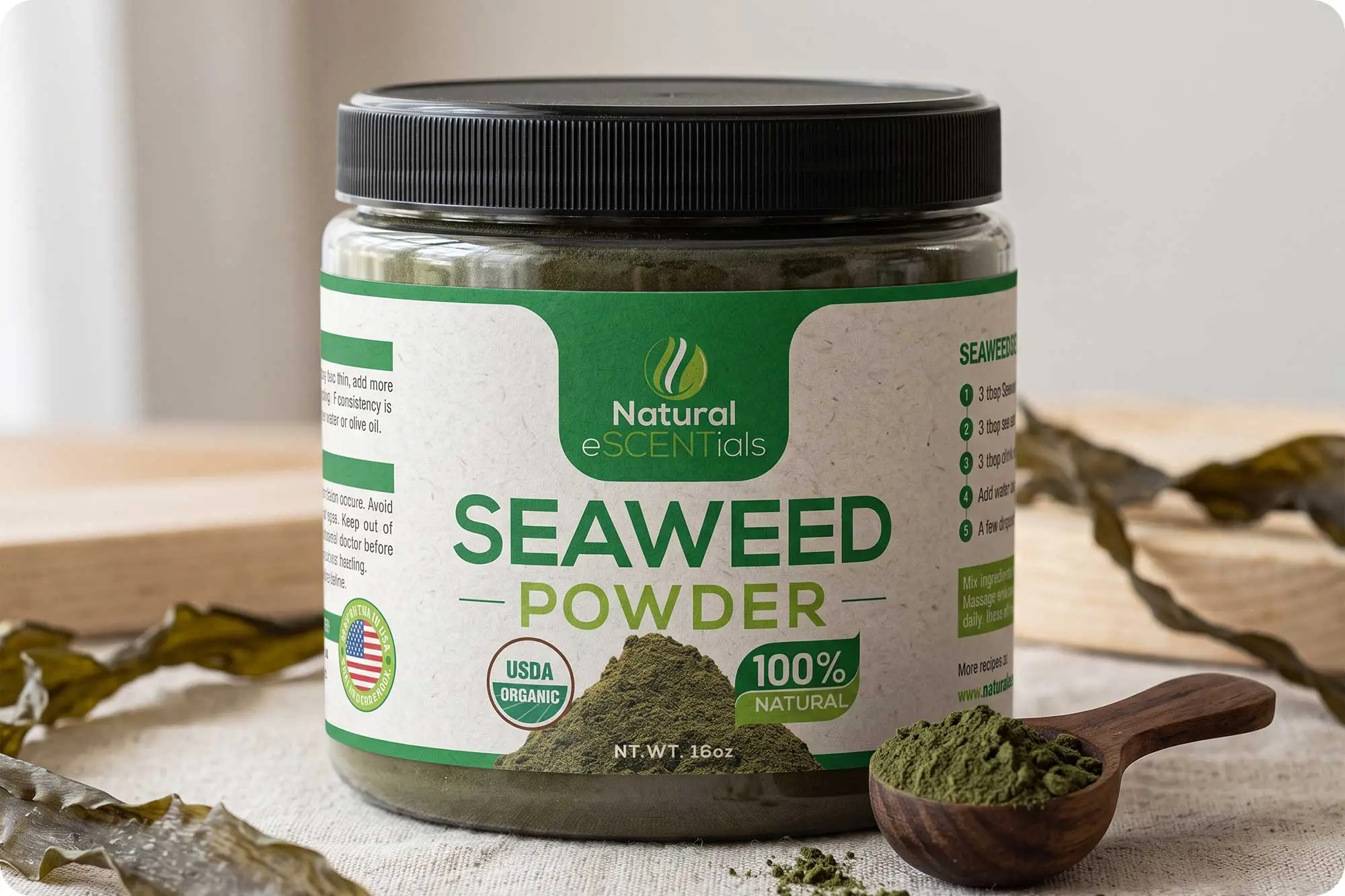 Natural eSCENTials Seaweed Powder packaging with organic green label design and product powder